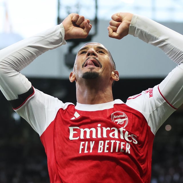 William Saliba celebrating Arsenal's winning goal vs Newcastle in gameweek 6 of the Premier League. 