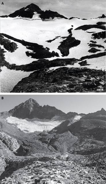 Repeat photography of Maclure Glacier in Yosemite National Park. September 1914 versus September 2021.