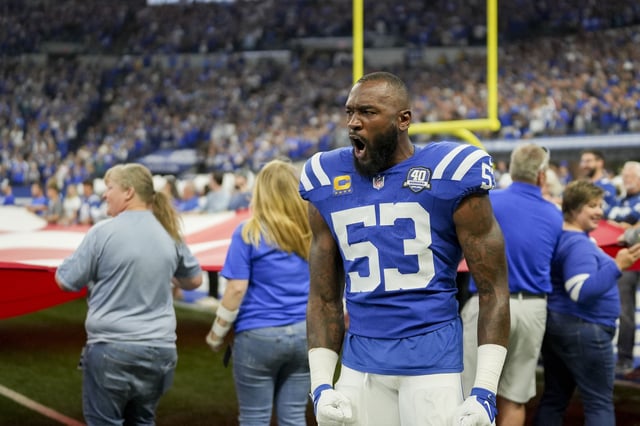 Sep 10, 2023; Indianapolis, Indiana, USA; Indianapolis Colts linebacker Shaquille Leonard (53) gets pumped on the sideline Sunday, Sept. 10, 2023, before a game against the Jacksonville Jaguars at Lucas Oil Stadium. Mandatory Credit: Jenna Watson-USA TODAY Sports