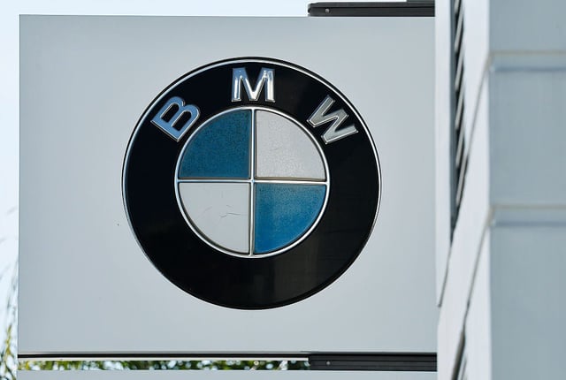 The BMW logo is displayed at a BMW dealership on April 07, 2025 in Alhambra, California.