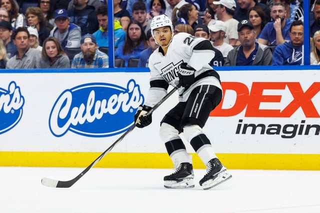 TAMPA, FL - JANUARY 30: Akil Thomas #26 of the Los Angeles Kings against the Tampa Bay Lightning at Amalie Arena on January 30, 2025 in Tampa, Florida. (Photo by Mark LoMoglio/NHLI via Getty Images)