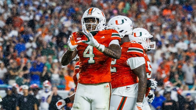 Hurricanes running back Mark Fletcher Jr. celebrates a touchdown against Florida at Hard Rock Stadium on Saturday, Sept. 20, 2025. (Keira Arimenta/Contributor)