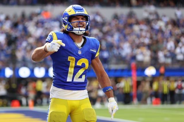 INGLEWOOD, CALIFORNIA - SEPTEMBER 28: Puka Nacua #12 of the Los Angeles Rams celebrates after a touchdown during the fourth quarter against the Indianapolis Colts at SoFi Stadium on September 28, 2025 in Inglewood, California. (Photo by Sean M. Haffey/Getty Images)