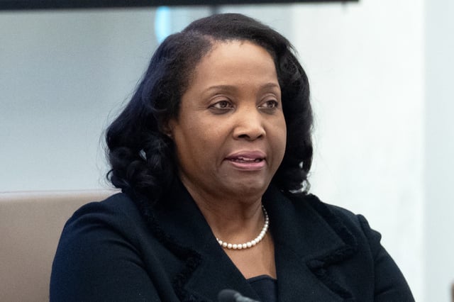 Federal Reserve Board of Governors member Lisa Cook listens during an open meeting of the Board of Governors, June 25, 2025, in Washington. (AP Photo/Mark Schiefelbein, File)