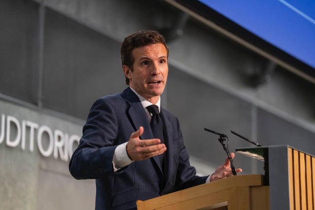 El expresidente del PP, Pablo Casado, durante su comparecencia de hoy