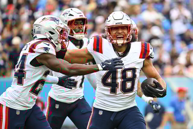 New England Patriots linebacker Jahlani Tavai (48) celebrates an interception during the first half of an NFL game against the Tennessee Titans in Nashville, Tenn., Sunday, Nov. 3, 2024. (AP Photo/John Amis)
