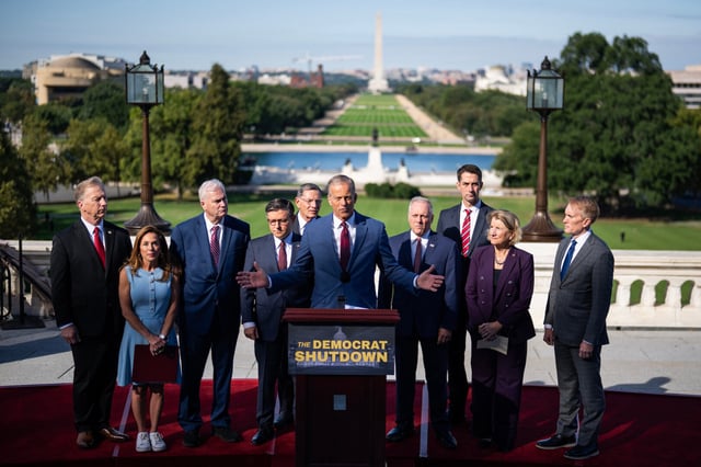 Senate Majority Leader John Thune, R-S.D., speaks during a news conference Wednesday about the government shutdown. Also attending are, from left, Rep. Kevin Hern, R-Okla., House Republican Conference Chair Lisa McClain, R-Mich., House Majority Whip Tom Emmer, R-Minn., Speaker Mike Johnson, R-La., Senate Majority Whip John Barrasso, R-Wyo., House Majority Leader Steve Scalise, R-La., Senate Republican Conference Chair Tom Cotton, R-Ark., Sens. Shelley Moore Capito, R-W.Va., and James Lankford, R-Okla.