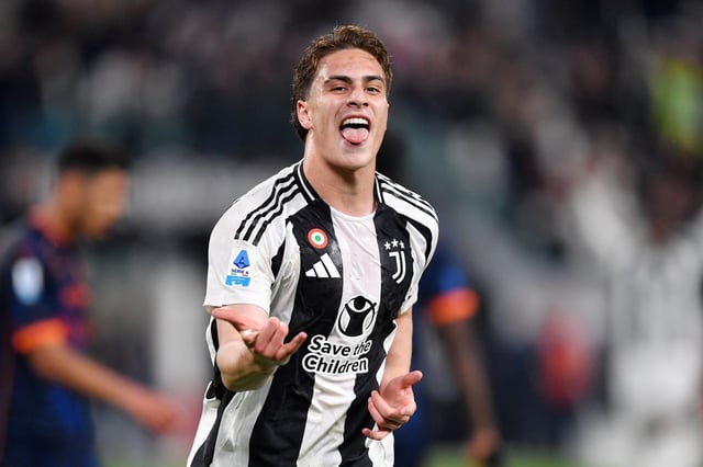 Kenan Yildiz of Juventus celebrates scoring his team's second goal during the Serie A match between Juventus and Lecce at Allianz Stadium on April 12, 2025 in Turin, Italy.