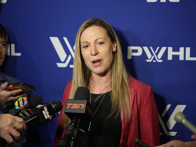 Jan 1, 2024; Toronto, Ontario, CANADA; Jayna Hefford, Senior Vice President of PWHL Hockey Operations, speaks to the media before the inaugural PWHL ice hockey game between New York and Toronto at Mattamy Athletic Centre. Mandatory Credit: John E. Sokolowski-USA TODAY Sports/ File Photo
