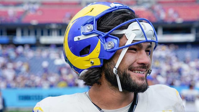 Los Angeles Rams wide receiver Puka Nacua (12) grins broadly after defeating the Tennessee Titans 33-19 at Nissan Stadium in Nashville, Tenn., Sunday, Sept. 14, 2025. Denny Simmons-USA TODAY Sports