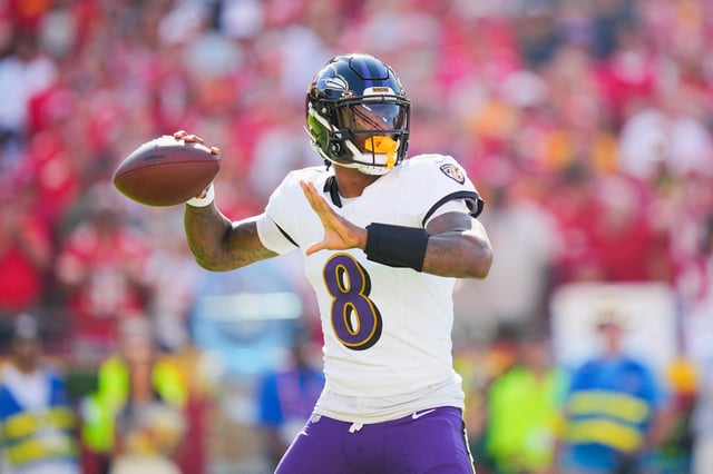 Sep 28, 2025; Kansas City, Missouri, USA; Baltimore Ravens quarterback Lamar Jackson (8) throws a pass during the first half against the Kansas City Chiefs at GEHA Field at Arrowhead Stadium. Mandatory Credit: Jay Biggerstaff-Imagn Images/ File Photo