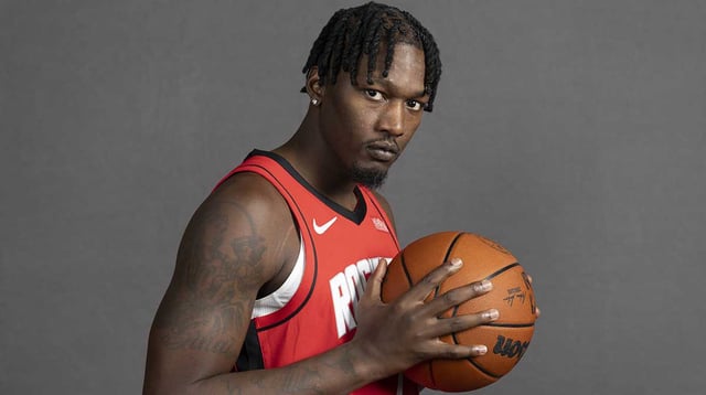 Sep 29, 2025; Houston, TX, USA; Houston Rockets forward Dorian Finney-Smith (2) poses for a picture during Houston Rockets media day at Toyota Center. Mandatory Credit: Troy Taormina-Imagn Images