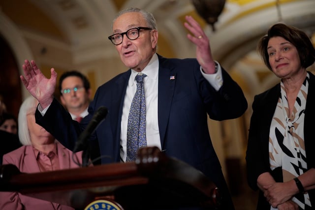 WASHINGTON, DC - SEPTEMBER 30: Senate Minority Leader Charles Schumer (D-NY) talks to reporters following the weekly Senate Democratic policy luncheon at the U.S. Capitol on September 30, 2025 in Washington, DC. If lawmakers fail to reach a bipartisan compromise then the federal government will shutdown at midnight. (Photo by Chip Somodevilla/Getty Images)
