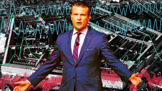 A photo illustration of Pete Hegseth in front of the Pentagon with polygraph lines.