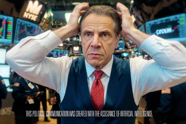 Screenshot from a campaign ad depicting Andrew Cuomo in various jobs using generative artificial intelligence technology. © Andrew Cuomo For Mayor