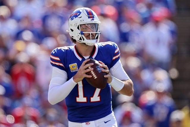 Josh Allen #17 of the Buffalo Bills looks to pass the ball against the New Orleans Saints during the second quarter at Highmark Stadium on September 28, 2025 in Orchard Park, New York.