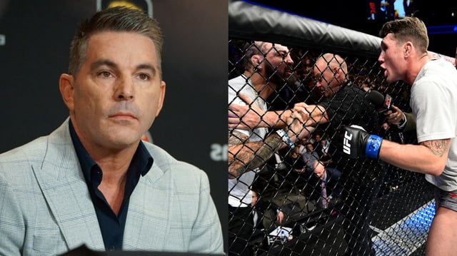BKFC head David Feldman appears at a press conference, opposite an altercation between Darren Till and Mike Perry. Credit: Amy Kaplan/Icon Sportswire/Jeff Bottari/Zuffa LLC