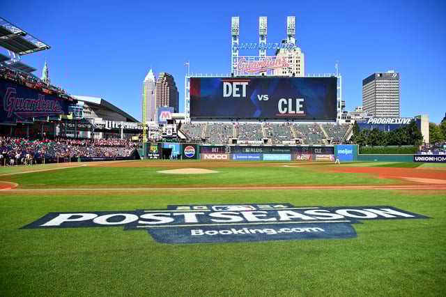 A view of the MLB postseason 2024 logo at Progressive Field prior to Game 1 of the Division Series between the Detroit Tigers and Cleveland Guardians on October 5, 2024 in Cleveland.