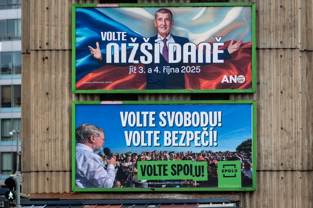 An election billboard for Czech billionaire and former prime minister Andrej Babis from ANO party (top) and election billboard for Czech prime minister Petr Fiala from coalition SPOLU (bottom) seen on the street of Prague on September 18, 2025. Tomas Tkacik / SOPA Images via Reuters Connect.