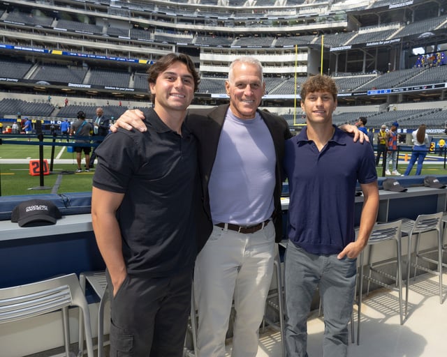 In celebration of Season 2 of "The Golden Bachelor," Mel Owens joined tastemakers for an exclusive event at Sofi Stadium in Inglewood, California with his two sons Andre Owens (L) and Lucas Owens (R).