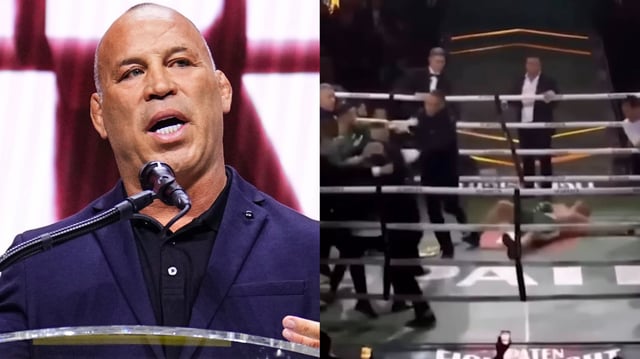 Wanderlei Silva speaks at the UFC Hall of Fame induction ceremony, opposite Silva on the canvas in the boxing ring. Credit: Chris Unger/Zuffa LLC