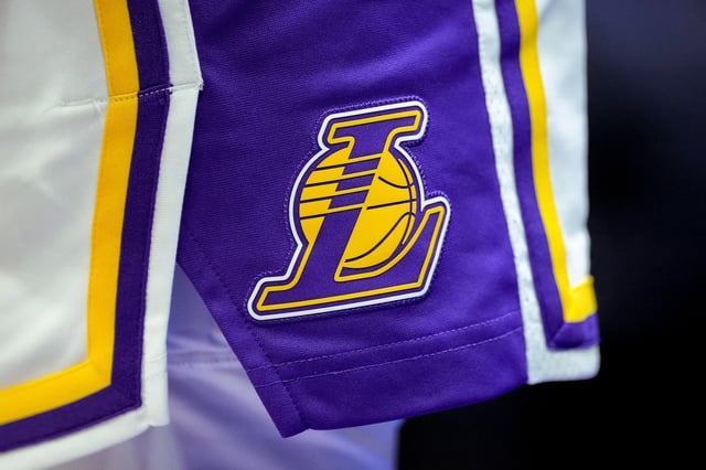 DETROIT, MICHIGAN - DECEMBER 11: The Los Angeles Lakers logo is pictured on a uniform against the Detroit Pistons at Little Caesars Arena on December 11, 2022 in Detroit, Michigan. NOTE TO USER: User expressly acknowledges and agrees that, by downloading and or using this photograph, User is consenting to the terms and conditions of the Getty Images License Agreement. (Photo by Nic Antaya/Getty Images)