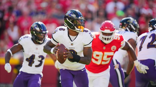 Sep 28, 2025; Kansas City, Missouri, USA; Baltimore Ravens quarterback Lamar Jackson (8) drops back to pass during the first half against the Kansas City Chiefs at GEHA Field at Arrowhead Stadium. Mandatory Credit: Jay Biggerstaff-Imagn Images