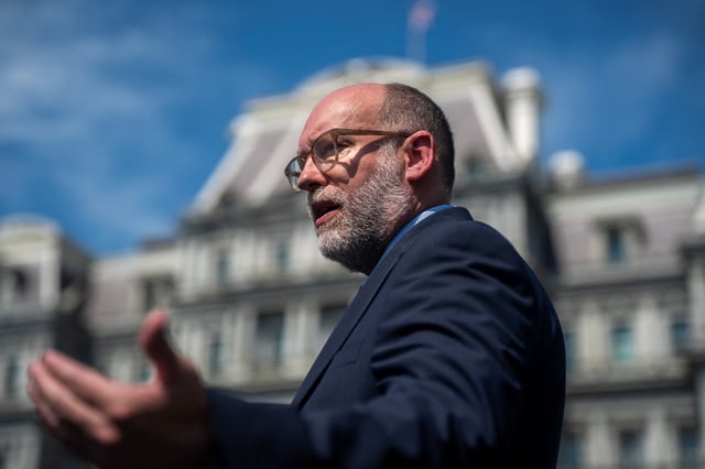 Russell Vought, director of the Office of Management and Budget (OMB), speaks to reporters outside the West Wing of the White House in Washington, DC, on July 17, 2025.