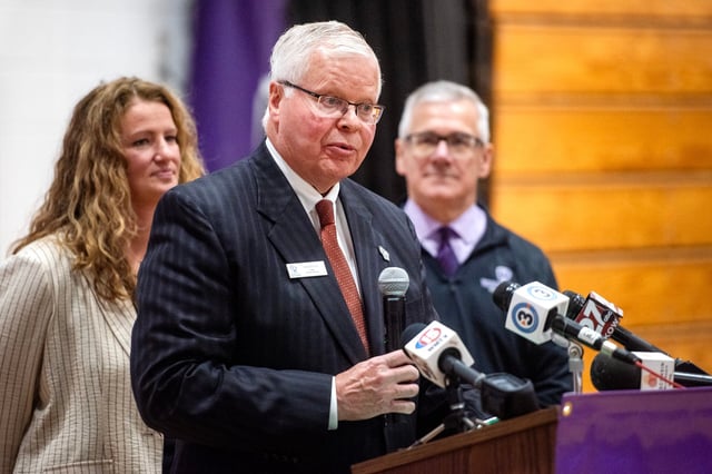 Universities of Wisconsin President Jay Rothman speaks during a press conference Wednesday, Oct. 1, 2025, at Waunakee Community High School in Waunakee, Wis. Angela Major/WPR