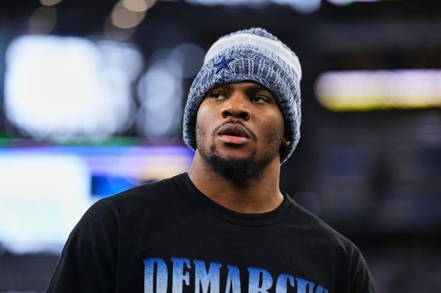 Micah Parsons #11, formerly of the Dallas Cowboys, warms up before kickoff against the Los Angeles Rams at AT&T Stadium on October 29, 2023 in Arlington, Texas.