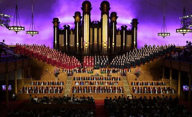 Members of the Tabernacle Choir at Temple Square sing at President Russell M. Nelson's tribute on Wednesday, Oct. 1, 2025, in the Salt Lake Tabernacle in Salt Lake City, Utah.