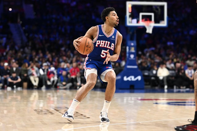 Apr 13, 2025; Philadelphia, Pennsylvania, USA; Philadelphia 76ers guard Quentin Grimes (5) controls the ball against the Chicago Bulls in the second quarter at Wells Fargo Center. Mandatory Credit: Kyle Ross-Imagn Images/ File Photo