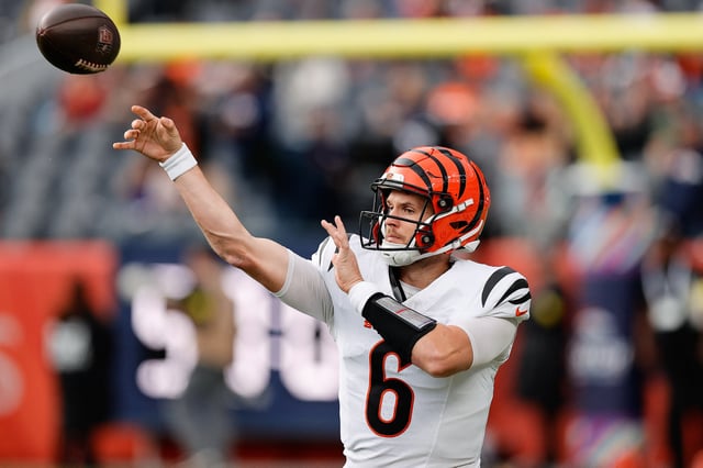 Sep 29, 2025; Denver, Colorado, USA;  Cincinnati Bengals quarterback Jake Browning (6) warms up before the game against the Denver Broncos at Empower Field at Mile High. Mandatory Credit: Isaiah J. Downing-Imagn Images/ File Photo