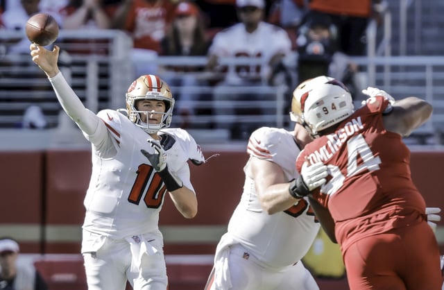 49ers quarterback Mac Jones will face a fierce Rams pass rush while dealing with a nagging knee injury that requires a brace, limiting his mobility. 