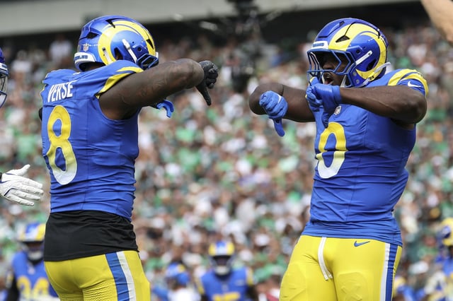 Los Angeles Rams linebacker Jared Verse, left, and linebacker Byron Young celebrate a tackle during the first half on Sept. 21 in Philadelphia. 