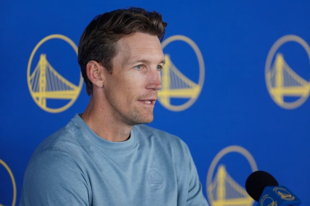 The Golden State Warriors’ general manager Mike Dunleavy Jr. speaks during a press conference at the Chase Center in San Francisco, Calif., on Wednesday, Oct. 1, 2025. (Shae Hammond/Bay Area News Group)