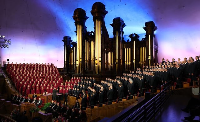 Members of the Tabernacle Choir at Temple Square sing at President Russell M. Nelson's tribute on Wednesday, Oct. 1, 2025, in the Salt Lake Tabernacle in Salt Lake City, Utah.