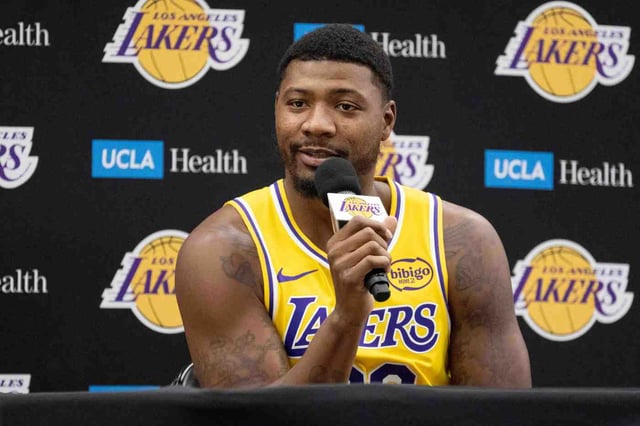 Lakers guard Marcus Smart takes questions from reporters during the team’s annual preseason media day on Monday, Sept. 29, 2025, in El Segundo. (Photo by Drew A. Kelley, Press-Telegram/SCNG)