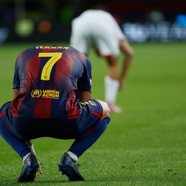 Barcelona's Ferran Torres, reacts at the end of the Champions League opening phase soccer match between Barcelona and Paris Saint-Germain at the Lluis Companys Olympic Stadium in Barcelona, Spain, Wednesday, Oct. 1, 2025. (AP Photo/Joan Monfort)