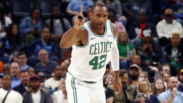 Mar 31, 2025; Memphis, Tennessee, USA; Boston Celtics center Al Horford (42) reacts after a basket during the fourth quarter against the Memphis Grizzlies at FedExForum. Mandatory Credit: Petre Thomas-Imagn Images