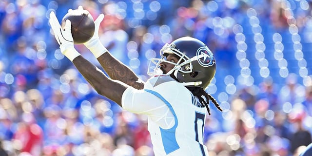 Oct 20, 2024; Orchard Park, New York, USA; Tennessee Titans wide receiver Calvin Ridley (0) warms up before a game against the Buffalo Bills at Highmark Stadium. Mandatory Credit: Mark Konezny-Imagn Images