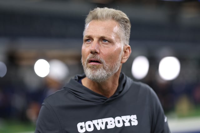 ARLINGTON, TEXAS - AUGUST 22: Dallas Cowboys defensive coordinator Matt Eberflus looks on prior to the NFL Preseason 2025 game against the Atlanta Falcons at AT&T Stadium on August 22, 2025 in Arlington, Texas. (Photo by Sam Hodde/Getty Images)