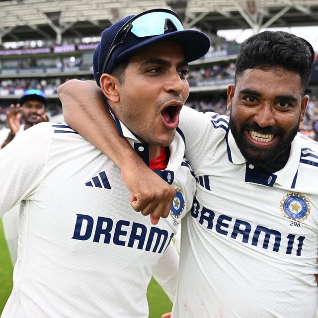 Mohammed Siraj of India celebrates after winning the match with teammate Shubman Gill on day five of the 5th Rothesay Test Match at The Kia Oval on August 04, 2025 in London, England.