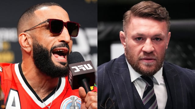Belal Muhammad speaks at the UFC 315 press conference, opposite Conor McGregor on the set of The Ultimate Fighter 31. Credit: Chris Unger/Zuffa LLC/