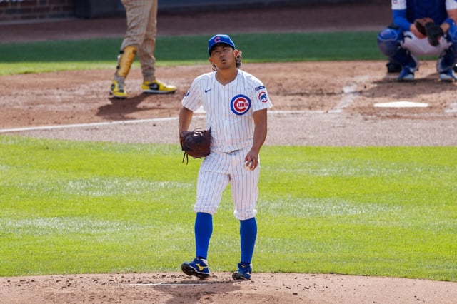 Chicago Cubs pitcher Shota Imanaga (18) walks on the mound during the third inning against the San Diego Padres in Game 2 of the wild-card series at Wrigley Field, Oct. 1, 2025, in Chicago. (Armando L. Sanchez/Chicago Tribune)