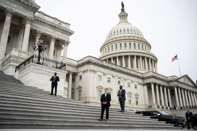 Security during a news conference outside the US Capitol in Washington, DC, US, on Tuesday, Sept. 30, 2025.
