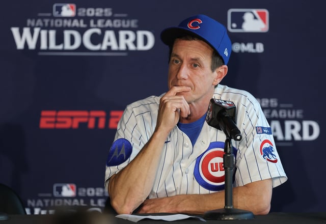 CHICAGO, ILLINOIS - OCTOBER 01: Manager Craig Counsell #11 of the Chicago Cubs speaks with the media following game two of the National League Wild Card Series against the San Diego Padres at Wrigley Field on October 01, 2025 in Chicago, Illinois.  (Photo by Michael Reaves/Getty Images)