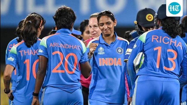 India skipper Harmanpreet Kaur (C) celebrates with teammates after the opening ICC Women’s ODI World Cup win over Sri Lanka in Guwahati on Tuesday. (AFP)