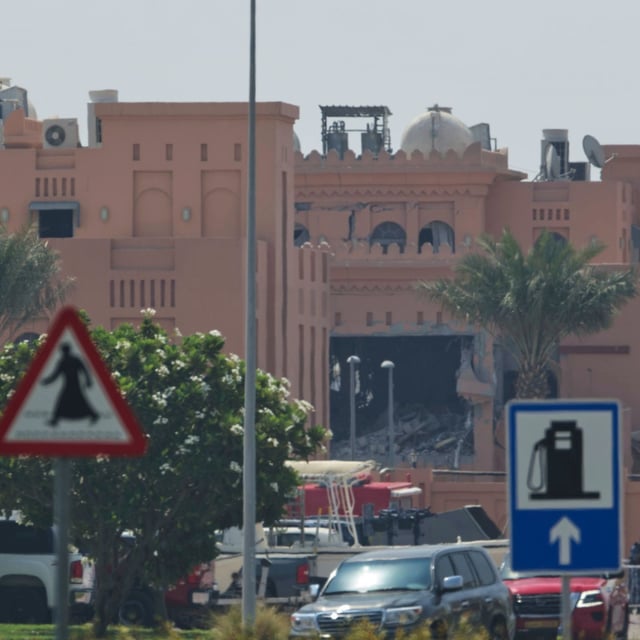 Damage is seen after an Israeli strike targeted a compound that hosted Hamas' political leadership in Doha, Qatar, Wednesday, Sept. 10, 2025. (AP Photo/Jon Gambrell)