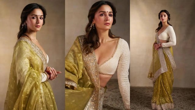 Alia Bhatt Embraces Durga Puja Festivities In A Pista Jamdani Saree By Abu Jani Sandeep Khosla Saree